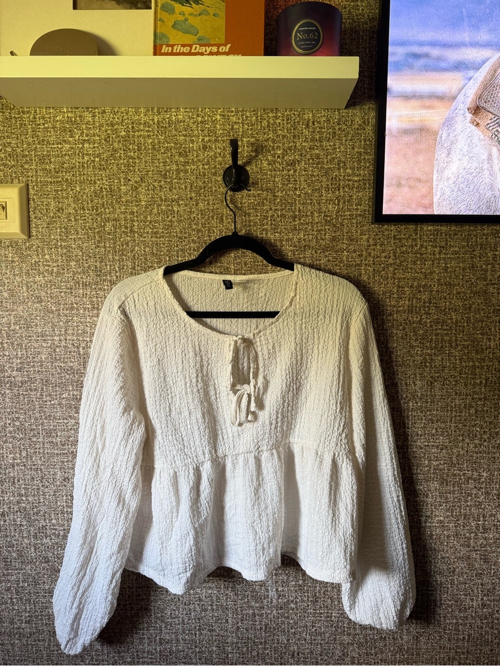 Divided White Textured Tie-Front Peasant Tunic